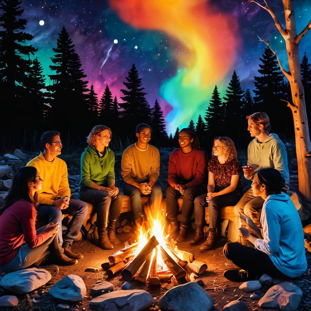 A dynamic scene depicting a diverse group of people sharing their personal stories around a vibrant campfire, with glowing light illuminating their expressive faces. In the background, abstract thought bubbles filled with colorful narratives float above their heads, symbolizing the transfer of impactful ideas. Integrate elements of nature and community to emphasize connection. super-realistic. vibrant colors. warm tones.