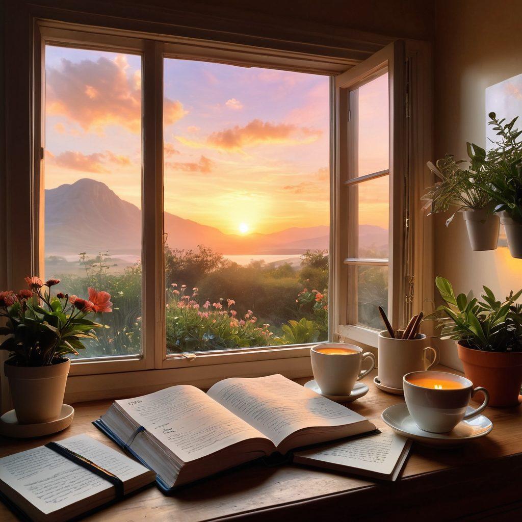 A serene workspace featuring an open journal filled with handwritten notes, a cup of tea steaming beside it, and a glowing light bulb symbolizing ideas. The backdrop includes blooming plants and a window showing a sunset landscape, illustrating inspiration and creativity. Super-realistic. Warm tones. Soft lighting.