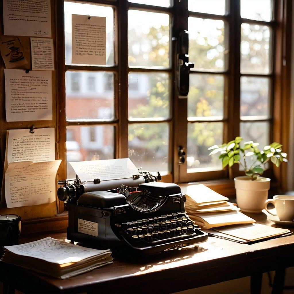 A cozy workspace featuring a vintage typewriter, scattered papers with handwritten notes, and a cup of steaming coffee. The backdrop showcases a wall filled with inspirational quotes and storyboards, creating an inviting atmosphere. Sunlight streams through a window, casting a warm glow on the scene. A soft focus on Alicia's tools of the trade enhances the storytelling vibe. super-realistic. vibrant colors. soft lighting.
